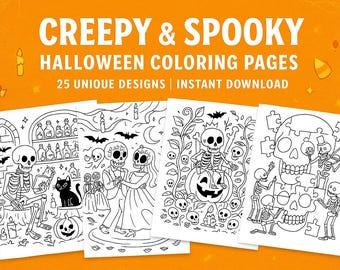 Creepy & Spooky Halloween Coloring Pages for Adults, Teens, Kids – 25 Printable Sheets | Skeletons, Witches, Ghosts, Pumpkins | PDF Download