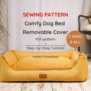 May include: A sewing pattern for a mustard yellow corduroy dog bed with a removable cover. The text reads: SEWING PATTERN, Comfy Dog Bed, Removable Cover, PDF pattern + Step-by-Step Tutorial, 3 sizes S M L, Instant Download.