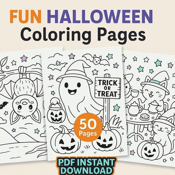 Halloween Coloring Pages for Kids | 50 Cute Printable Halloween Coloring Sheets | Fun Halloween Activity Book | Instant PDF Download