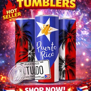 May include: Insulated 20oz tumblers with Puerto Rican flag designs. The tumblers feature the Puerto Rican flag, a frog, and palm trees. The image includes the text "Puerto Rico Tumblers", "Hot Seller", and "Shop Now!"