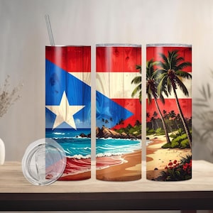 May include: Three stainless steel tumblers with a Puerto Rican flag design and a beach scene. The flag features a white star on a blue triangle, with red and white stripes. The beach scene includes palm trees and ocean waves.