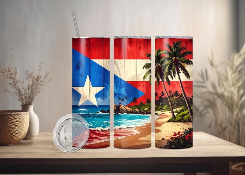 May include: Three stainless steel tumblers with a Puerto Rican flag design and a beach scene. The flag features a white star on a blue triangle, with red and white stripes. The beach scene includes palm trees and ocean waves.