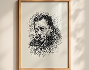Impresión de retrato de Albert Camus, arte minimalista de filósofo, arte mural existencial, ilustración literaria moderna