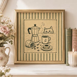 May include: A square framed print featuring a black ink illustration on a beige background with vertical stripes. The artwork depicts a moka pot, a coffee cup, a small pastry, and a cat peeking over a table, all surrounded by scattered coffee beans.
