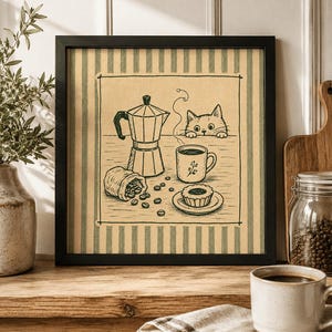Vintage katten koffie kunstprint, schattige keuken muurdecoratie, retro koffieposter, cadeau voor kattenliefhebbers, landelijke keukendecoratie, mokapot illustratie