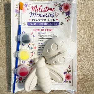 May include: A plaster painting kit labeled Milestone Memories Plaster Kits, Paint Create Smile. The kit includes a white plaster ladybug and bee, a blue paintbrush, and three small paint pots containing black, yellow, and red paint colors.