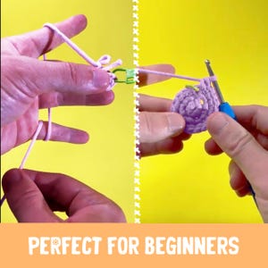 May include: A split-screen image shows the process of crocheting. The left side displays the yarn held in the fingers, while the right side shows the hook inserting into the crochet work. The text "PERFECT FOR BEGINNERS" is at the bottom.