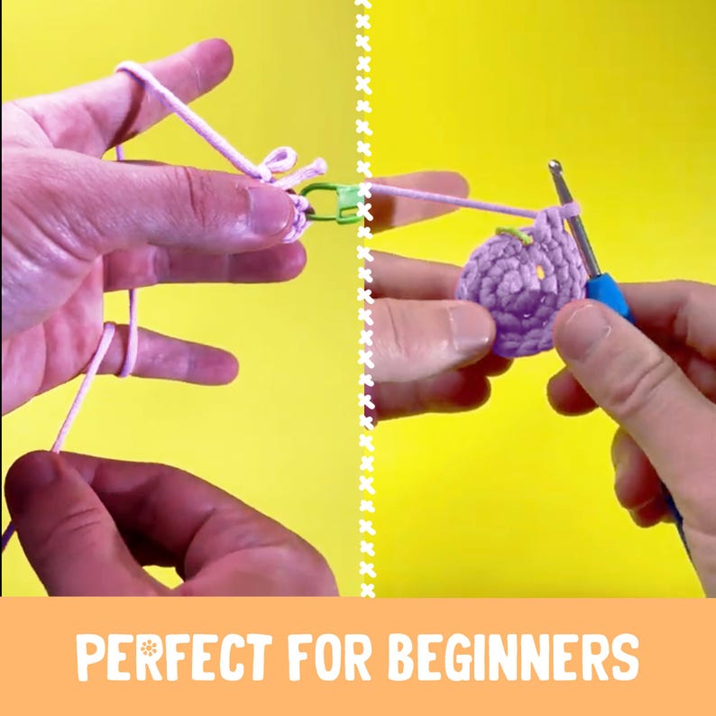 May include: A split-screen image shows the process of crocheting. The left side displays the yarn held in the fingers, while the right side shows the hook inserting into the crochet work. The text "PERFECT FOR BEGINNERS" is at the bottom.