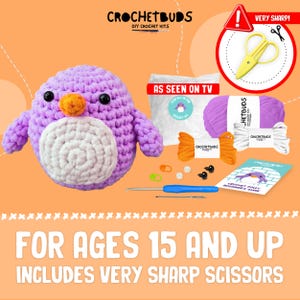 May include: A DIY crochet kit featuring a purple penguin with a white belly and orange beak. The kit includes yarn, a crochet hook, safety eyes, and a beginner's guide. The text on the image says "CROCHETBUDS DIY CROCHET KITS" and "FOR AGES 15 AND UP".