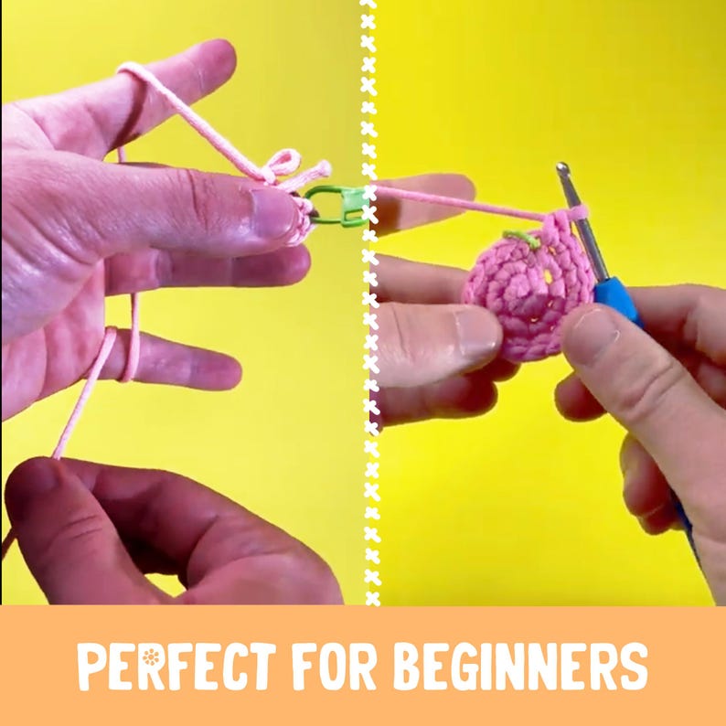 May include: Hands demonstrating crochet techniques with pink yarn and a blue crochet hook. The image shows the beginning stages of a crochet project, with the text "PERFECT FOR BEGINNERS" at the bottom.
