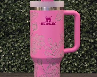 Stanley 40 oz Quencher with Flower Custom Laser Engraved | Peony Pink