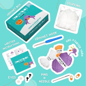May include: A crochet kit for beginners, featuring a teal box with the text "CROCHETBUDS" and "Learn to Crochet Kit for Beginners." Includes yarn, a crochet hook, stuffing, eyes, pins, a needle, and written instructions. The kit is designed to help you learn to crochet.