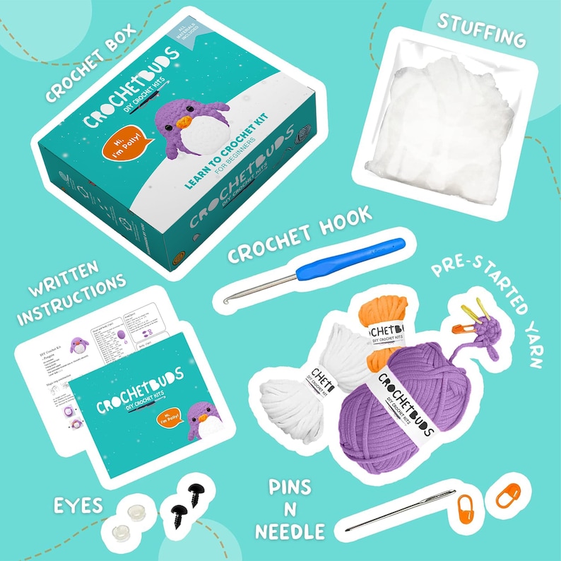 May include: A crochet kit for beginners, featuring a teal box with the text "CROCHETBUDS" and "Learn to Crochet Kit for Beginners." Includes yarn, a crochet hook, stuffing, eyes, pins, a needle, and written instructions. The kit is designed to help you learn to crochet.