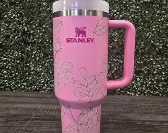 Flowers 40oz Stanley Cup, Stainless Steel Pink Tumbler With Straw Handle, Flowers Tumbler, Laser Engraved Tumbler