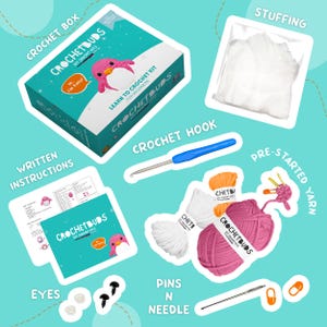 May include: A crochet kit for beginners, featuring a box with the text "CROCHETBUDS" and "LEARN TO CROCHET KIT FOR BEGINNERS." Includes yarn, a crochet hook, stuffing, eyes, pins, a needle, and written instructions. The kit has a penguin design.