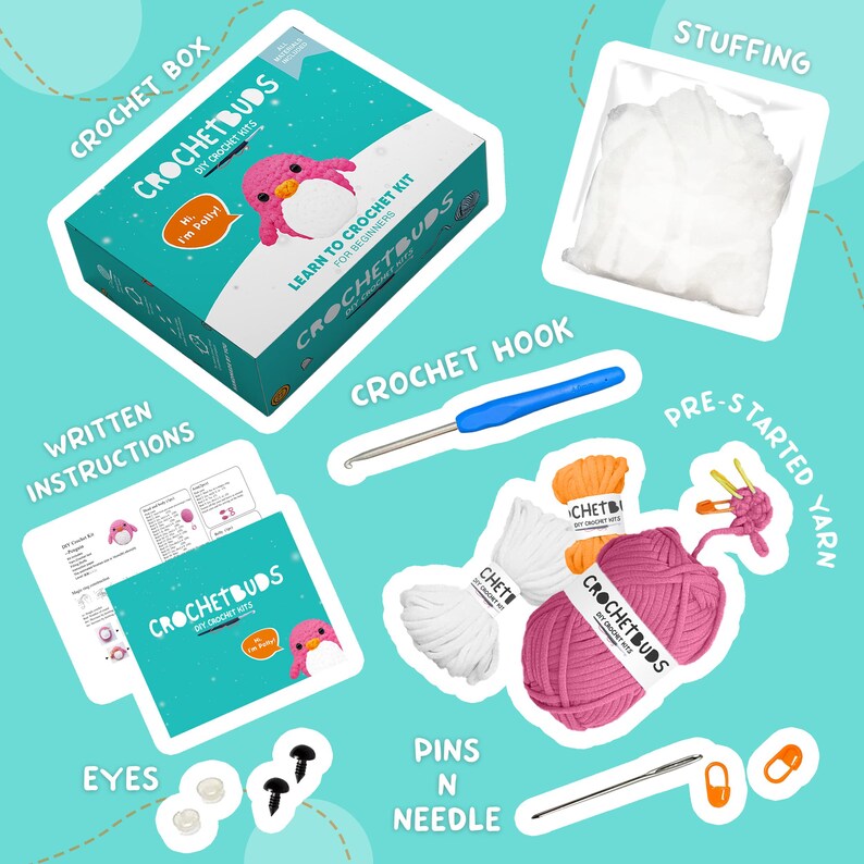 May include: A crochet kit for beginners, featuring a box with the text "CROCHETBUDS" and "LEARN TO CROCHET KIT FOR BEGINNERS." Includes yarn, a crochet hook, stuffing, eyes, pins, a needle, and written instructions. The kit has a penguin design.