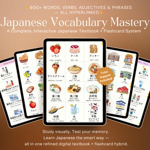 May include: A digital Japanese vocabulary learning system displayed on tablets. The image shows multiple tablets with colorful illustrations of Japanese words and phrases, including food, objects, and everyday scenarios. Text on the tablets includes "Japanese Vocabulary Mastery".
