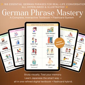 Puede incluir: Un recurso digital para aprender alemán, con un libro de texto y un sistema de tarjetas. La imagen muestra varias tabletas con frases como "Hallo" y "Guten Morgen". El producto está diseñado para la conversación de la vida real e incluye ilustraciones.
