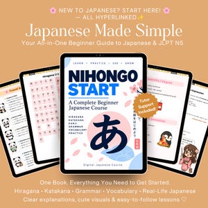 Peut inclure: Un cours de langue japonaise numérique affiché sur trois écrans de tablette. L'écran central présente le titre Nihongo Start, un grand caractère japonais et du texte incluant Hiragana, Katakana, Kanji, Grammaire, Vocabulaire et Pratique.