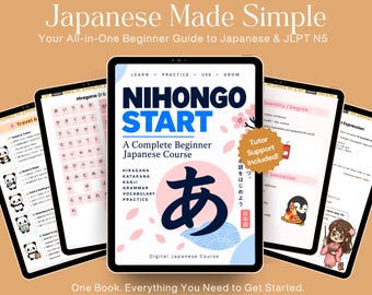 May include: A digital Japanese language course displayed on three tablet screens. The central screen features the title Nihongo Start, a large Japanese character, and text including Hiragana, Katakana, Kanji, Grammar, Vocabulary, and Practice.