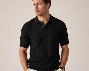 Men's Textured Knit Polo Shirt, Short Sleeve Old Money Style Sweater