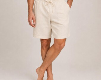 Men's Linen Drawstring Shorts, Elastic Waist Beach Lounge Summer Wear