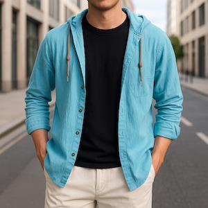 Men's Cotton Blend Hooded Shirt: Lightweight Button Down Long Sleeve Top
