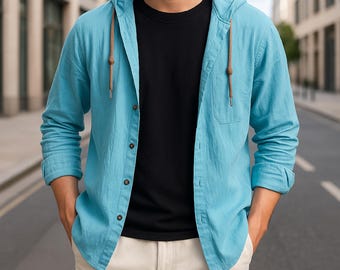 Men's Cotton Blend Hooded Shirt: Lightweight Button Down Long Sleeve Top