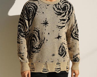 Men’s Galaxy Pattern Ripped Knit Pullover Sweater | Distressed Crewneck Knitwear | Streetwear Top