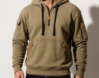 Men’s Utility Pocket Half Zip Hoodie | Casual Streetwear Pullover Sweatshirt | Warm Winter Top
