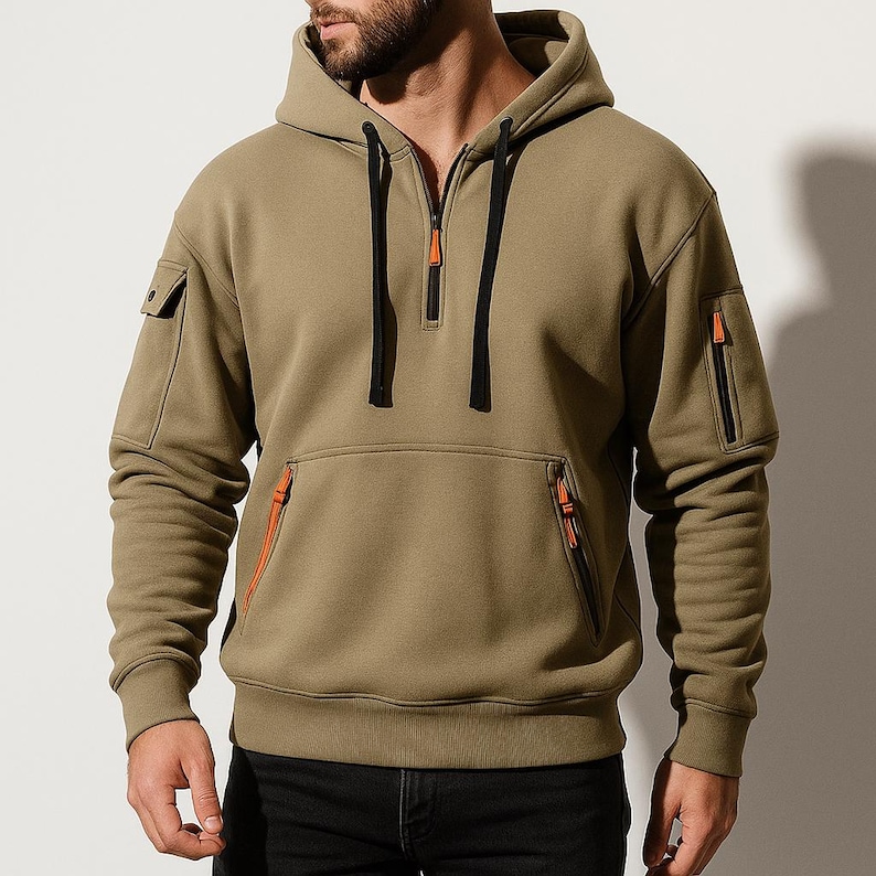 Men's Oversized Hip Hop Casual Wear Pocket Zipper Autumn Warm Sweatshirt Pocket Zip Up Hoodie
