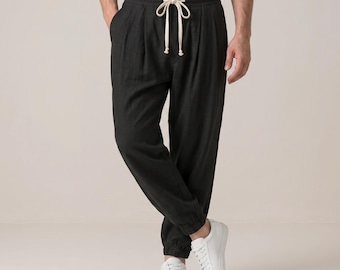 Men's Lightweight Linen Jogger Pants, Elastic Waist Drawstring Trousers