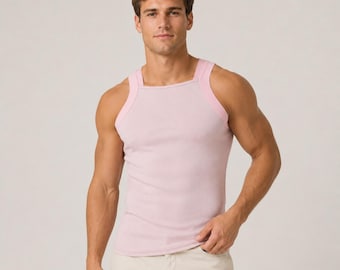 Men's Ribbed Square Neck Tank Top, Slim Fit Sleeveless Muscle Shirt