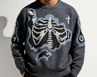 Men's Rib Cage Jacquard Knit Sweater, Oversized Streetwear