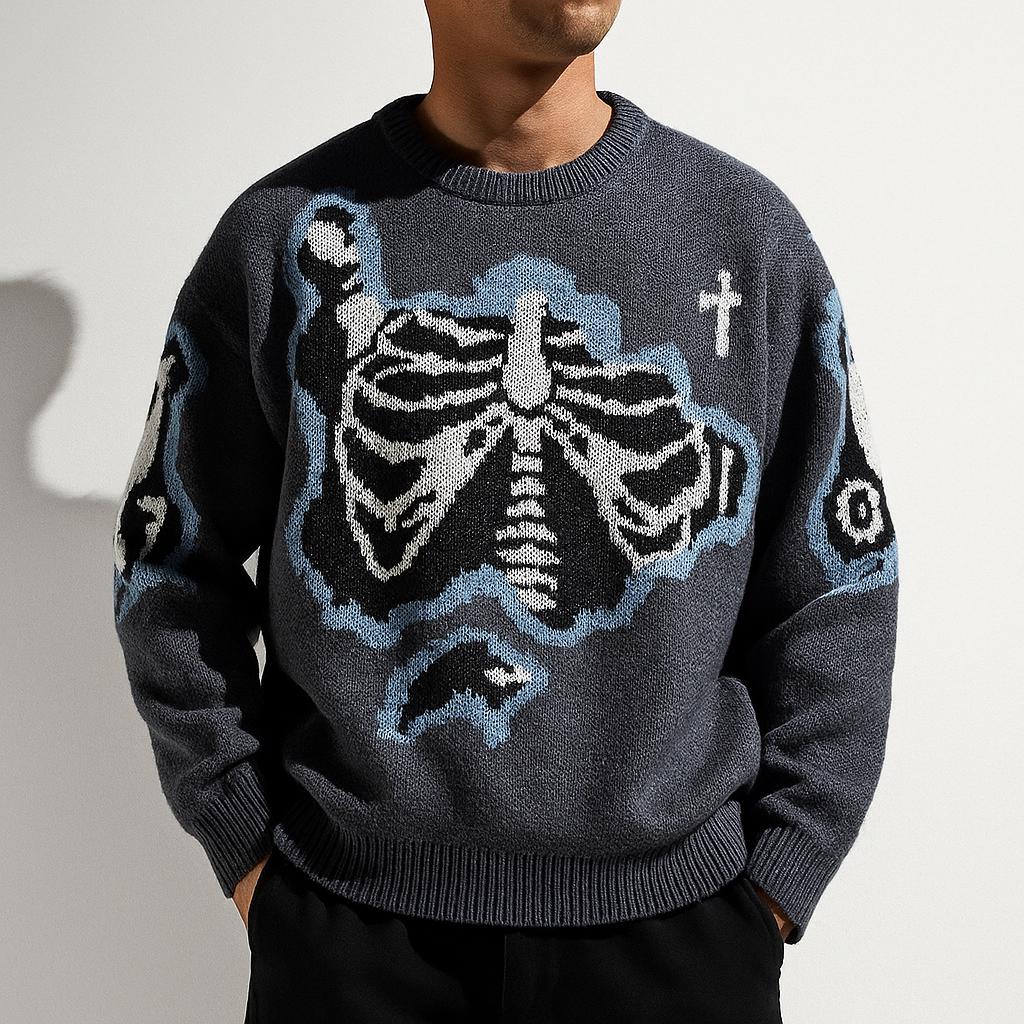 Men's Rib Cage Jacquard Knit Sweater, Oversized Streetwear