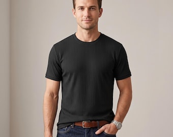 Men's Ribbed Knit T-Shirt, Slim Fit Crew Neck, Lightweight Stretch Top