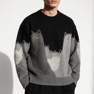 Men’s Cat Pattern Knit Pullover Sweater | Soft Crewneck Winter Knitwear | Casual Jumper
