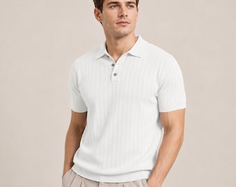 Men's Ribbed Knit Polo Shirt, Old Money Style, Slim Fit Summer Top