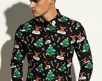 Men’s Christmas Print Long Sleeve Shirt | Festive Button Up | Holiday Party Top