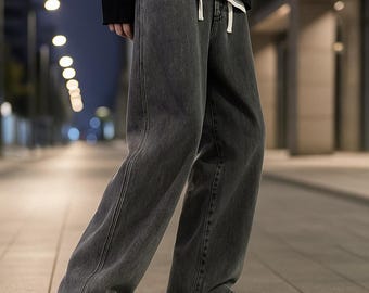 Men's Wide Leg Denim Jeans: Relaxed Fit, Adjustable Waist