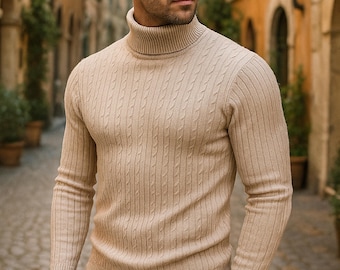 Men's Cable Knit Turtleneck Sweater: Slim Fit Ribbed Pullover