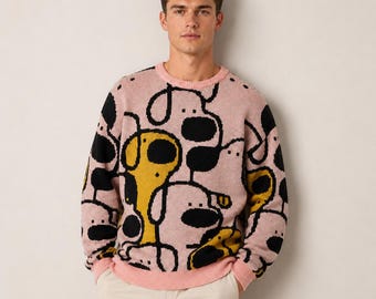 Abstract Dog Knit Sweater, Crew Neck Cartoon Pullover, Unisex Casual Long Sleeve Jumper