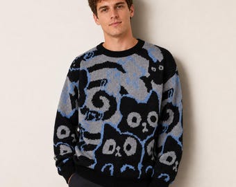 Abstract Cat Knit Sweater, Black Blue Graphic Crew Neck Pullover
