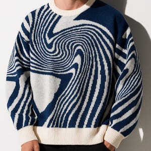 Men's Abstract Swirl Pattern Sweater - Modern Knit Crew Neck