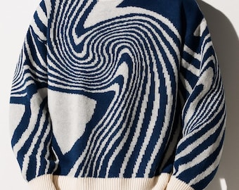 Men's Abstract Swirl Pattern Sweater - Modern Knit Crew Neck