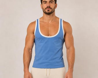Men's Muscle Fit Deep Scoop Tank Top, Athletic Sleeveless Gym Vest