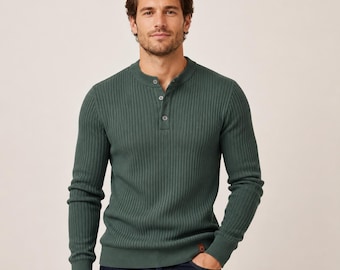 Men’s Ribbed Henley Sweater, Long Sleeve Button Knit Shirt, Contemporary Fit Minimalist Casual Top