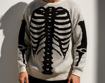 Men’s Skeleton Pattern Knit Pullover Sweater | Rib Cage Design Crewneck | Casual Streetwear Top