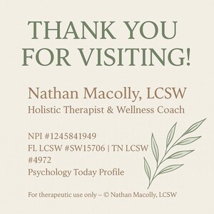 May include: A beige graphic with the text "THANK YOU FOR VISITING!" in green. Below, it reads "Nathan Macolly, LCSW Holistic Therapist & Wellness Coach." Additional text includes NPI, license numbers, and "Psychology Today Profile."
