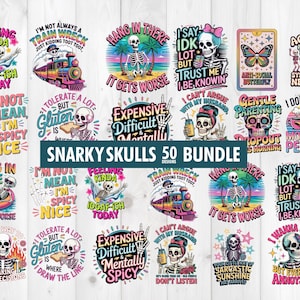 Puede incluir: Un conjunto de 50 diseños de Snarky Skulls, cada uno con un gráfico de esqueleto único con frases humorísticas. Los diseños utilizan una variedad de colores y fuentes, adecuados para ropa o accesorios.